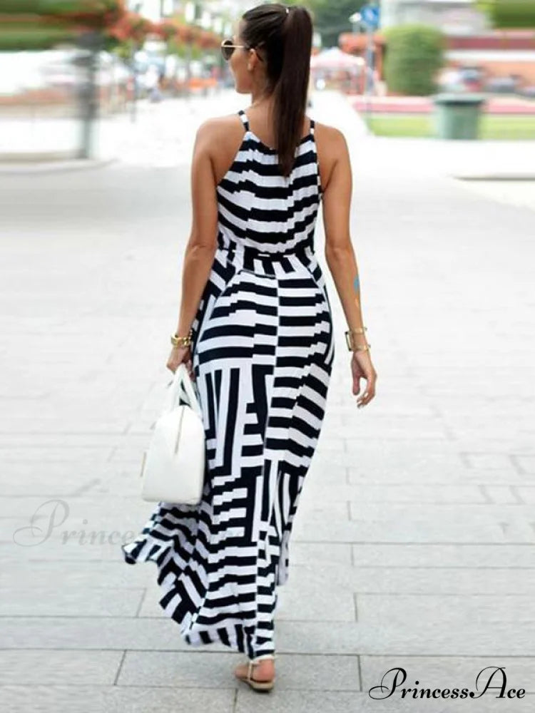 Asymmetric Striped Halterneck Maxi Dress in White and Black