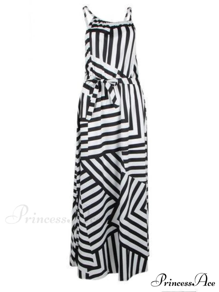 Asymmetric Striped Halterneck Maxi Dress in White and Black