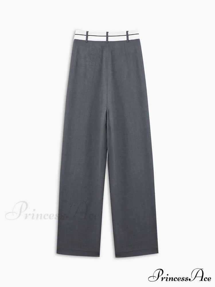 Asymmetrical Contrast Waistband Trendy Wide Leg Dress Pants