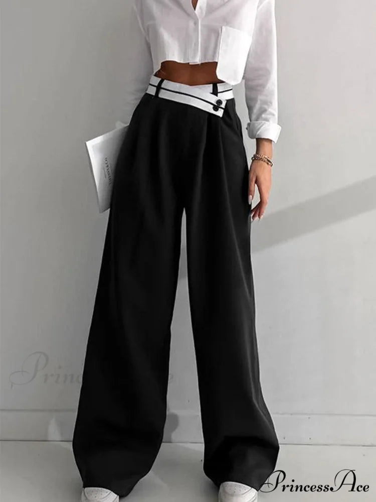Asymmetrical Contrast Waistband Trendy Wide Leg Dress Pants Black / XS