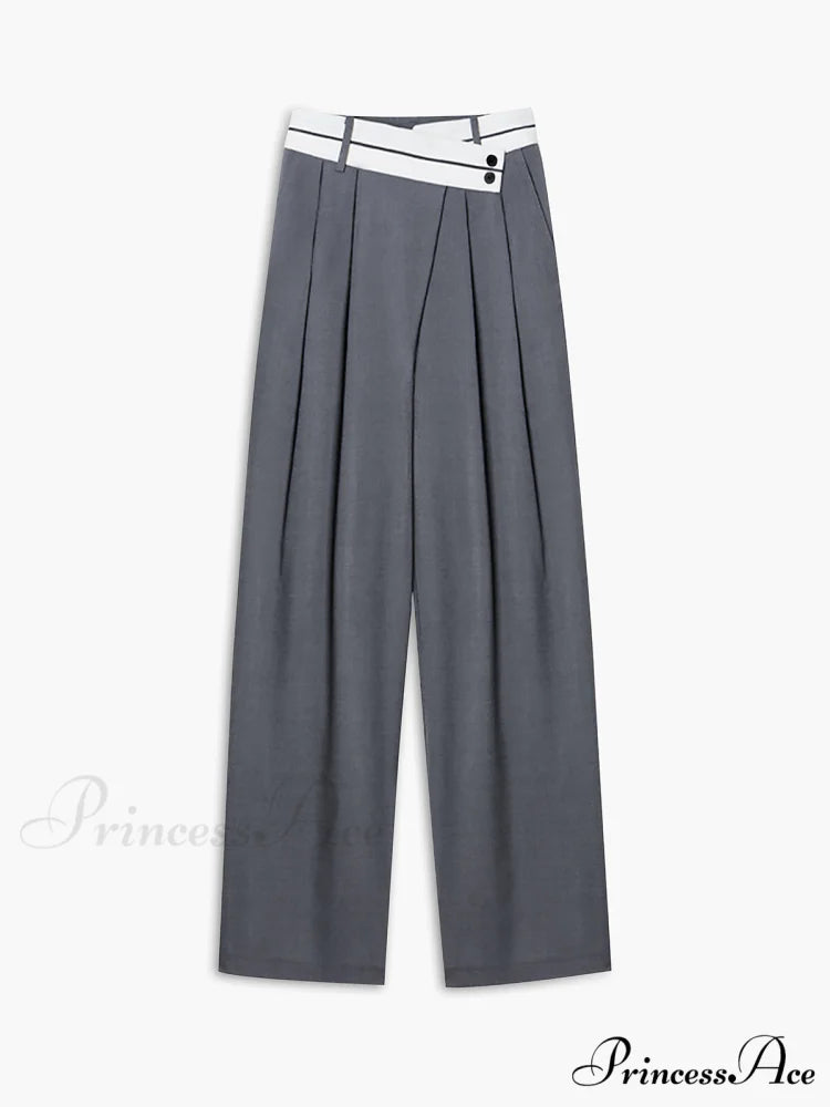 Asymmetrical Contrast Waistband Trendy Wide Leg Dress Pants Grey / XS