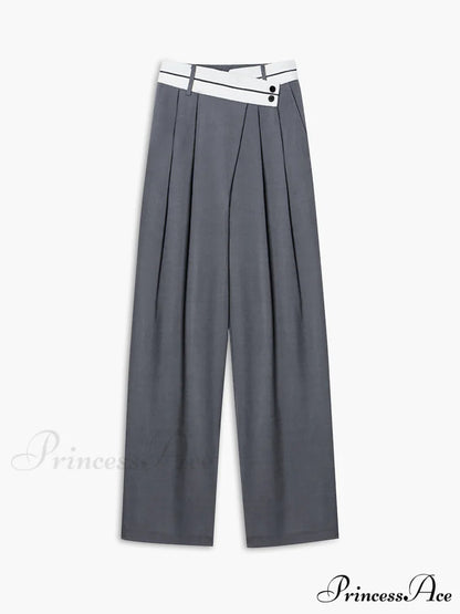Asymmetrical Contrast Waistband Trendy Wide Leg Dress Pants Grey / XS
