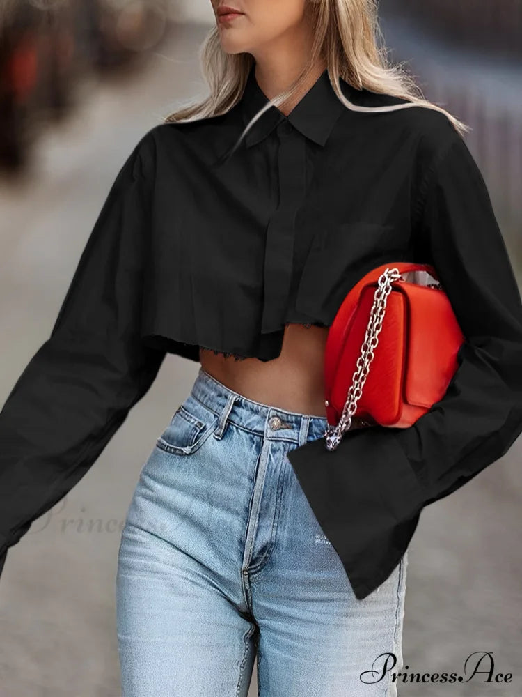 Asymmetrical Cotton Graceful Crop Shirt Black / XS