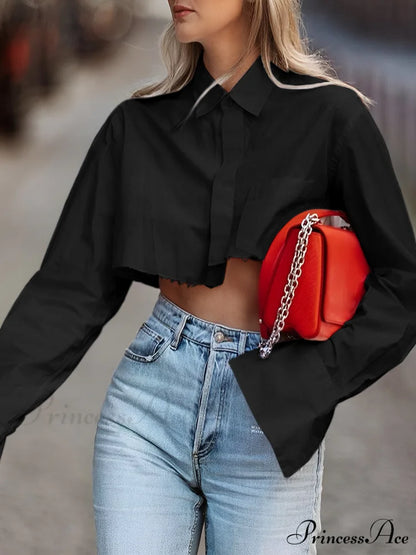 Asymmetrical Cotton Graceful Crop Shirt Black / XS