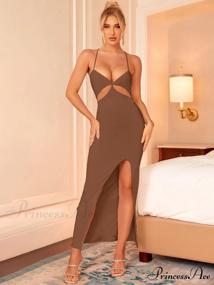 Asymmetrical Neck Glitter Trendy Strap Cut Out Dress Brown / XS