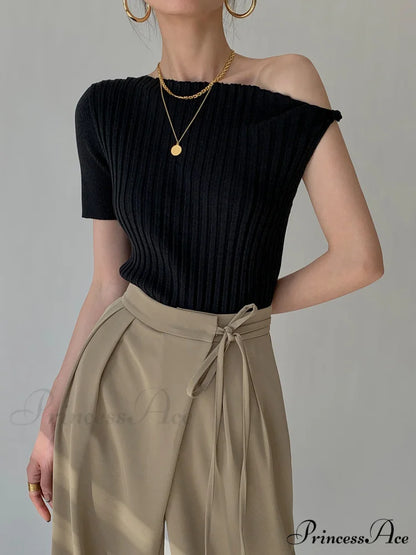 Asymmetrical Neck One Trendy Shoulder Off Knit Top Black / XS