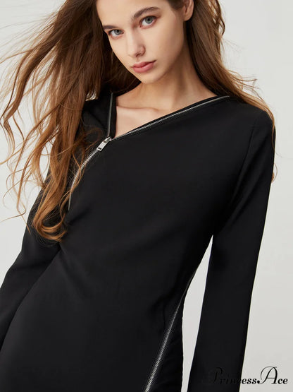 Asymmetrical Neck Zippered Split Modern Long Sleeve Midi Dress