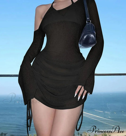 Asymmetrical Neckline Cinched Waist Mini Dress Black / XS minidress-250223