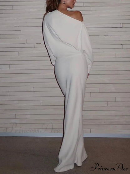 Asymmetrical Off Shoulder Solid Modern Long Sleeve Maxi Dress