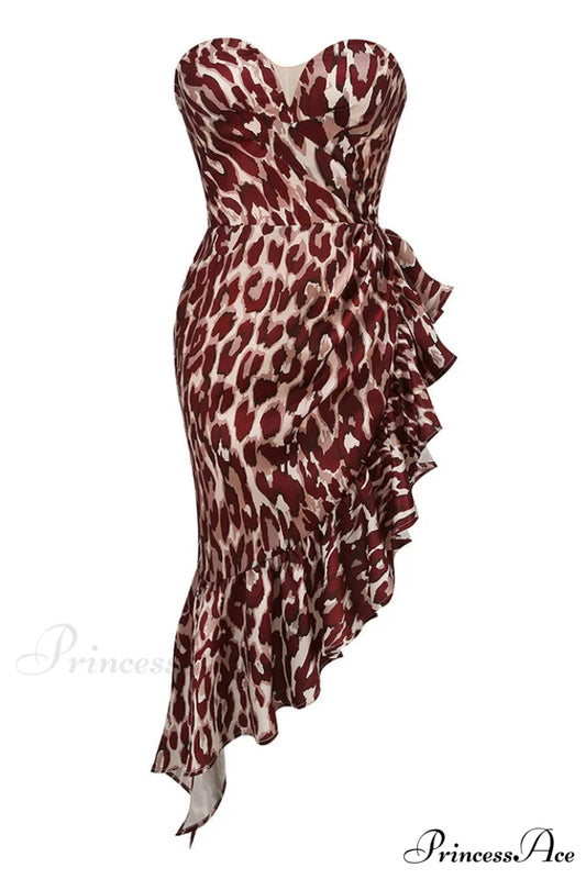 Asymmetrical Ruffle Stylish Satin Mini Dress S / Leopard Print