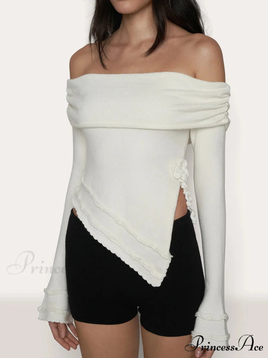 Asymmetrical Split Off Shoulder Modern Floral Cable Knit Top White / XS