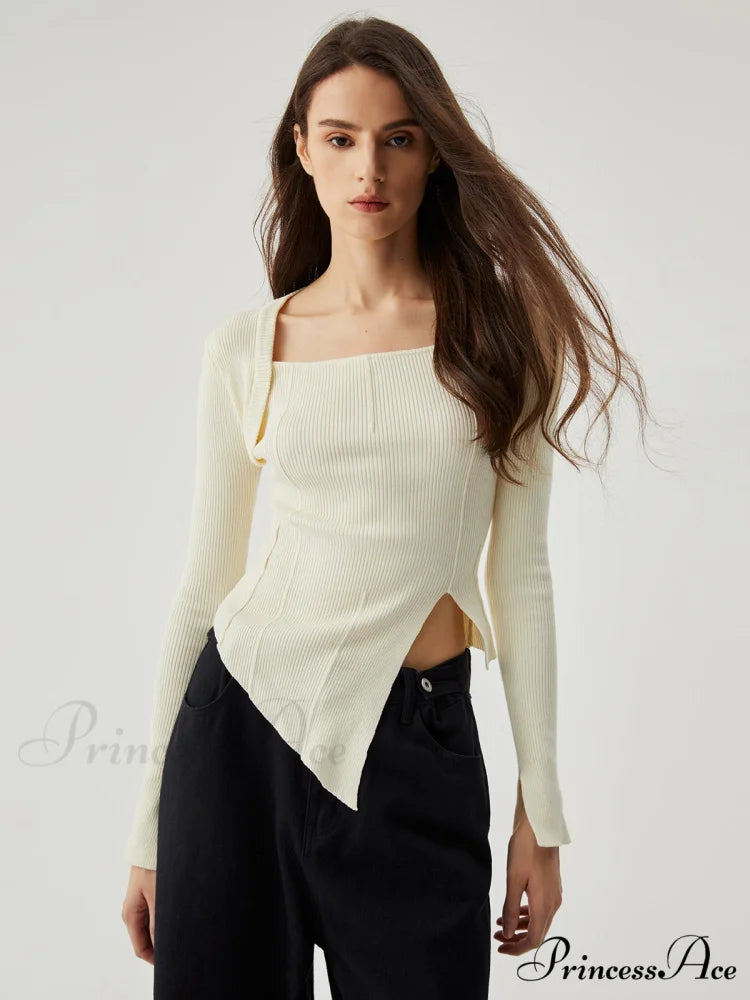 Asymmetrical Split Square Neck Modern Long Sleeve Knit Top