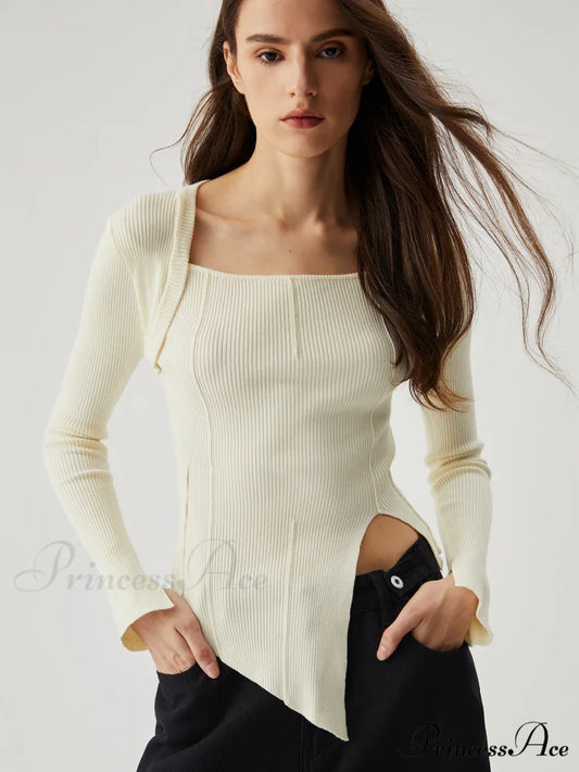 Asymmetrical Split Square Neck Modern Long Sleeve Knit Top Apricot / S