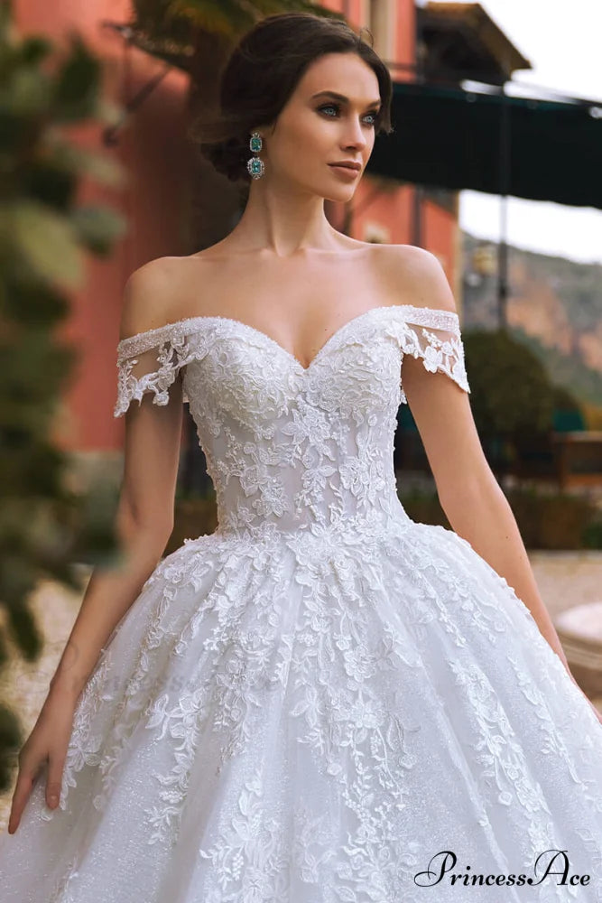 Athens Lace Applique Trendy Off-the-Shoulder Wedding Dress