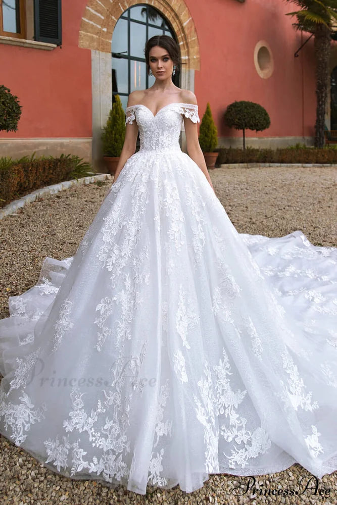 Athens Lace Applique Trendy Off-the-Shoulder Wedding Dress