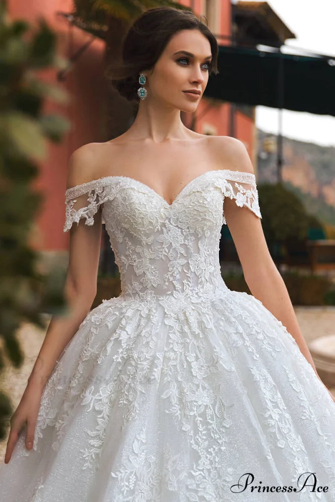 Athens Lace Applique Trendy Off-the-Shoulder Wedding Dress