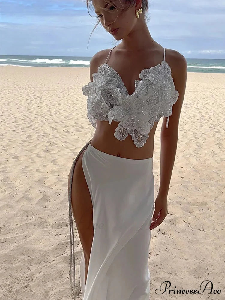 Attractive 2 Piece Sparkling Blossom Applique Split Floral Dress floraldress-250126