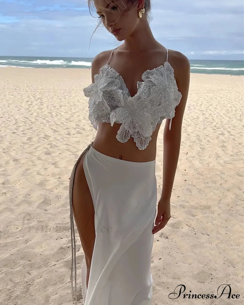 Attractive 2 Piece Sparkling Blossom Applique Split Floral Dress White / S floraldress-250126