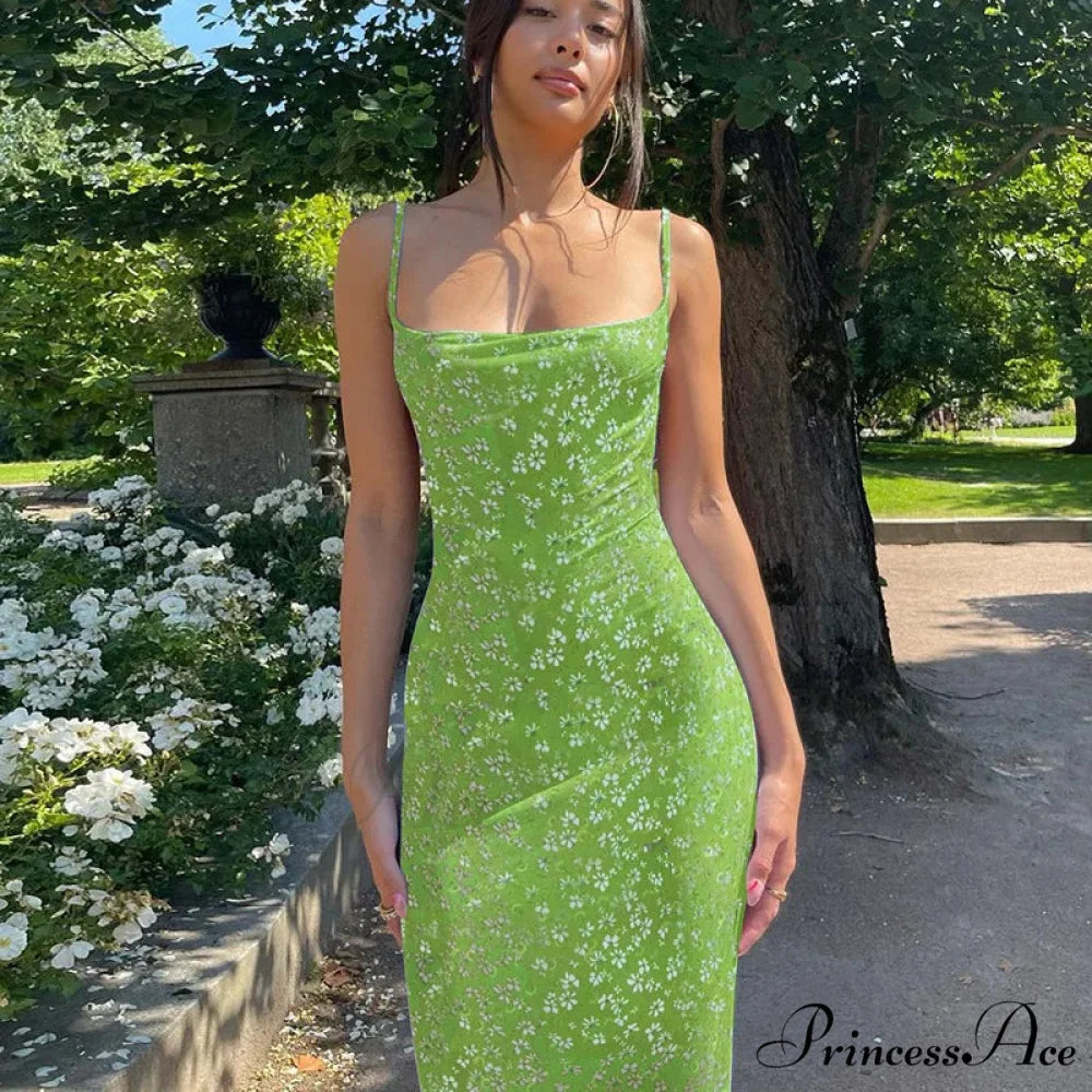 Attractive Backless Flattering Seaside Floral Dress Green / L floraldress-250126