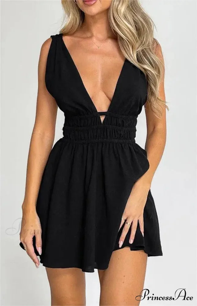 Attractive Backless Plunging Neckline Flower Pattern Mini Floral Dress BLACK / S floraldress-250126