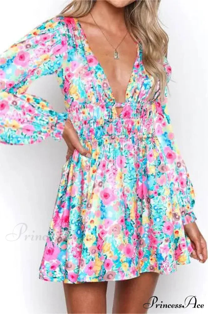 Attractive Backless Plunging Neckline Flower Pattern Mini Floral Dress COLORFUL / S floraldress-250126