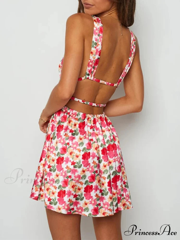 Attractive Backless Plunging Neckline Flower Pattern Mini Floral Dress floraldress-250126