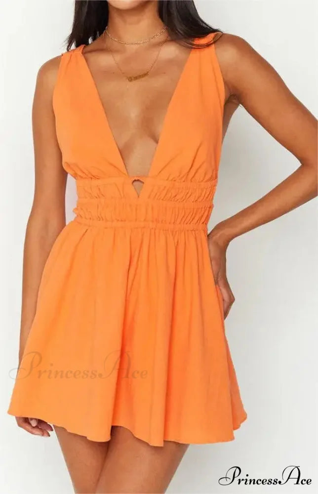 Attractive Backless Plunging Neckline Flower Pattern Mini Floral Dress ORANGE1 / S floraldress-250126