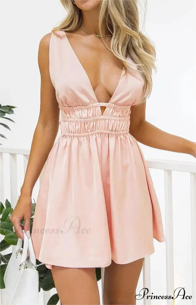 Attractive Backless Plunging Neckline Flower Pattern Mini Floral Dress PINK / S floraldress-250126