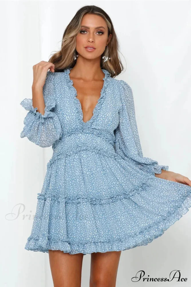 Attractive Backless Plunging-neckline Mini Boho Dress Blue / S bohodress-250126