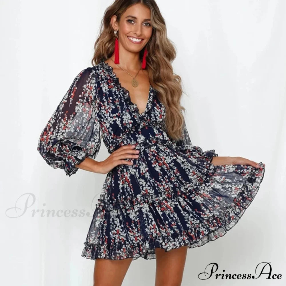 Attractive Backless Plunging-neckline Mini Boho Dress navy / S bohodress-250126