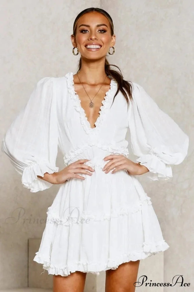 Attractive Backless Plunging-neckline Mini Boho Dress White / S bohodress-250126