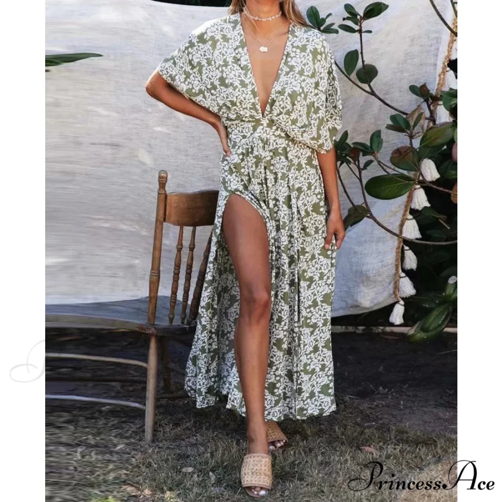 Attractive Deep Plunge-neck Maxi Dress Retro Floral Print Side Split Boho Dress Green / S bohodress-250126