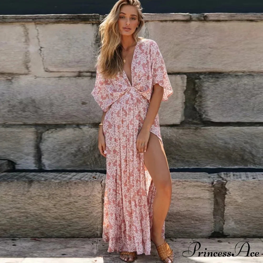 Attractive Deep Plunge-neck Maxi Dress Retro Floral Print Side Split Boho Dress Pink / S bohodress-250126