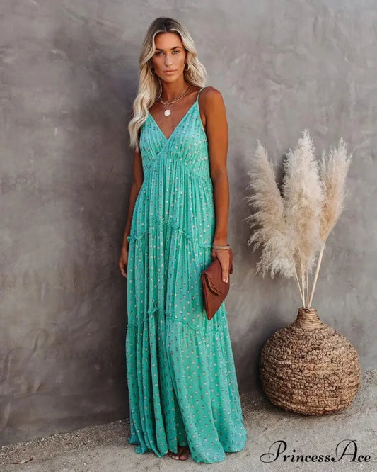 Attractive Divided Large Hem Bandeau Sleeveless Green Maxi Boho Dress bohodress-250126