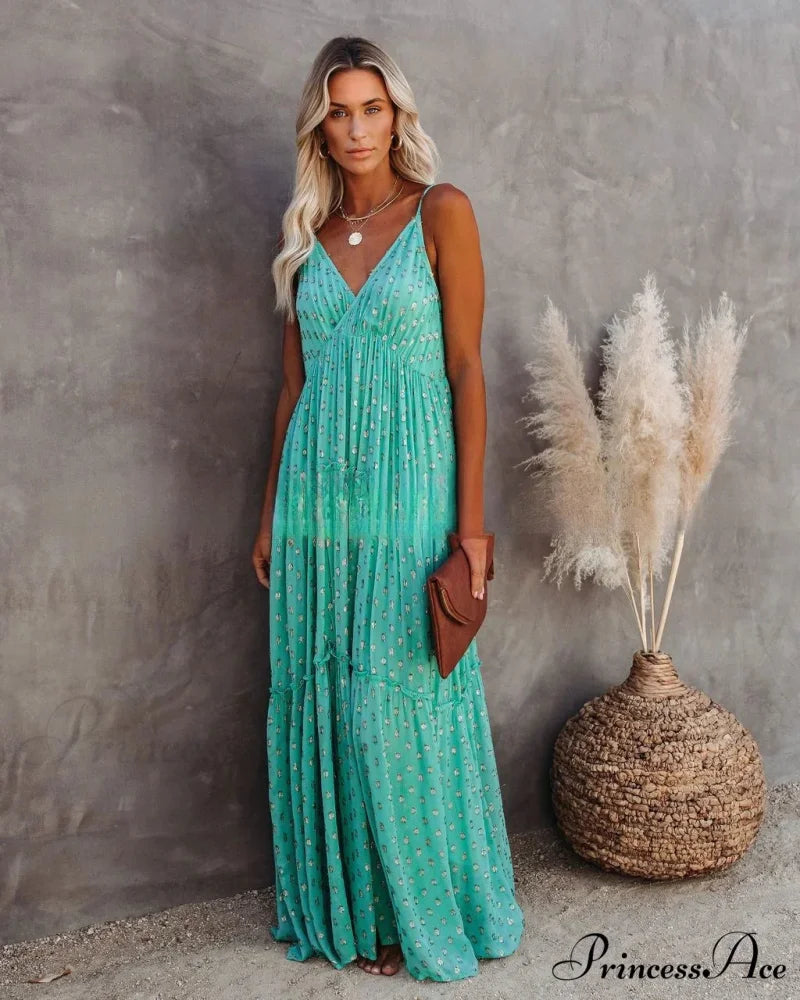 Attractive Divided Large Hem Bandeau Sleeveless Green Maxi Boho Dress bohodress-250126