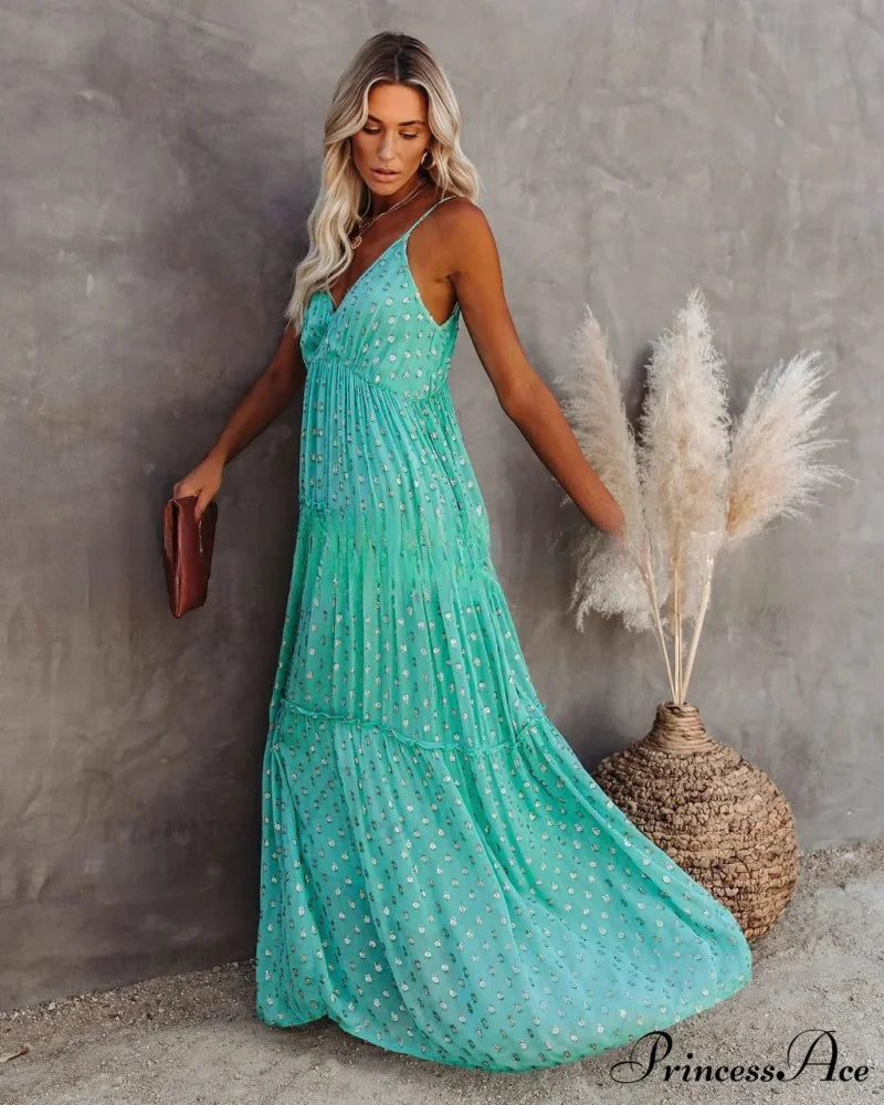 Attractive Divided Large Hem Bandeau Sleeveless Green Maxi Boho Dress bohodress-250126