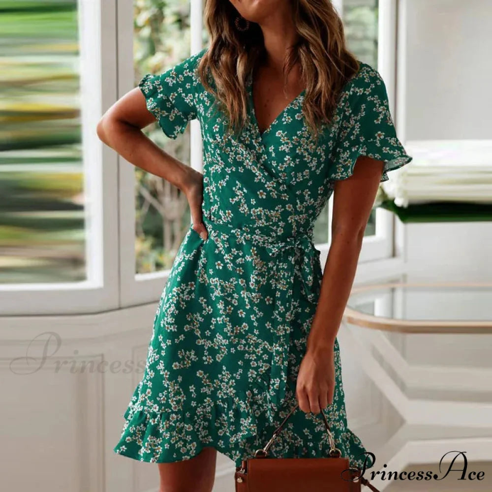 Attractive Flower Pattern V-neck Chiffon Mini Flower Dress floraldress-250126