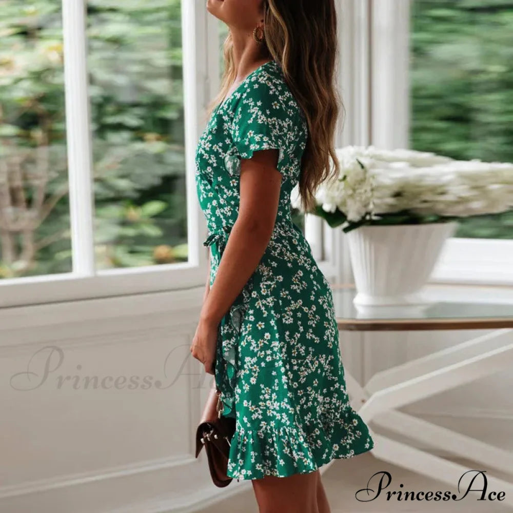 Attractive Flower Pattern V-neck Chiffon Mini Flower Dress floraldress-250126