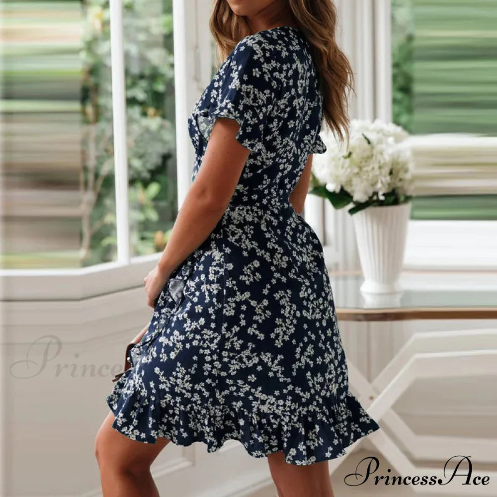 Attractive Flower Pattern V-neck Chiffon Mini Flower Dress floraldress-250126