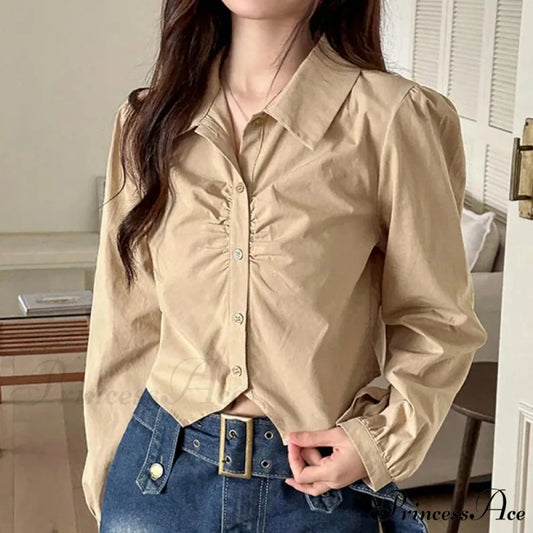 Attractive Plunging Neckline Short Sleeve French Style Blouse Khaki / One Size blouse-250126