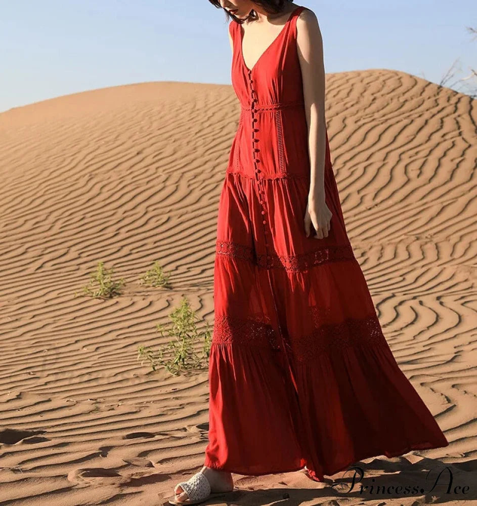 Attractive Sleeveless Plunging Neckline Tank Maxi Dress Cotton Long Summer Dress Red / S bohodress-250126