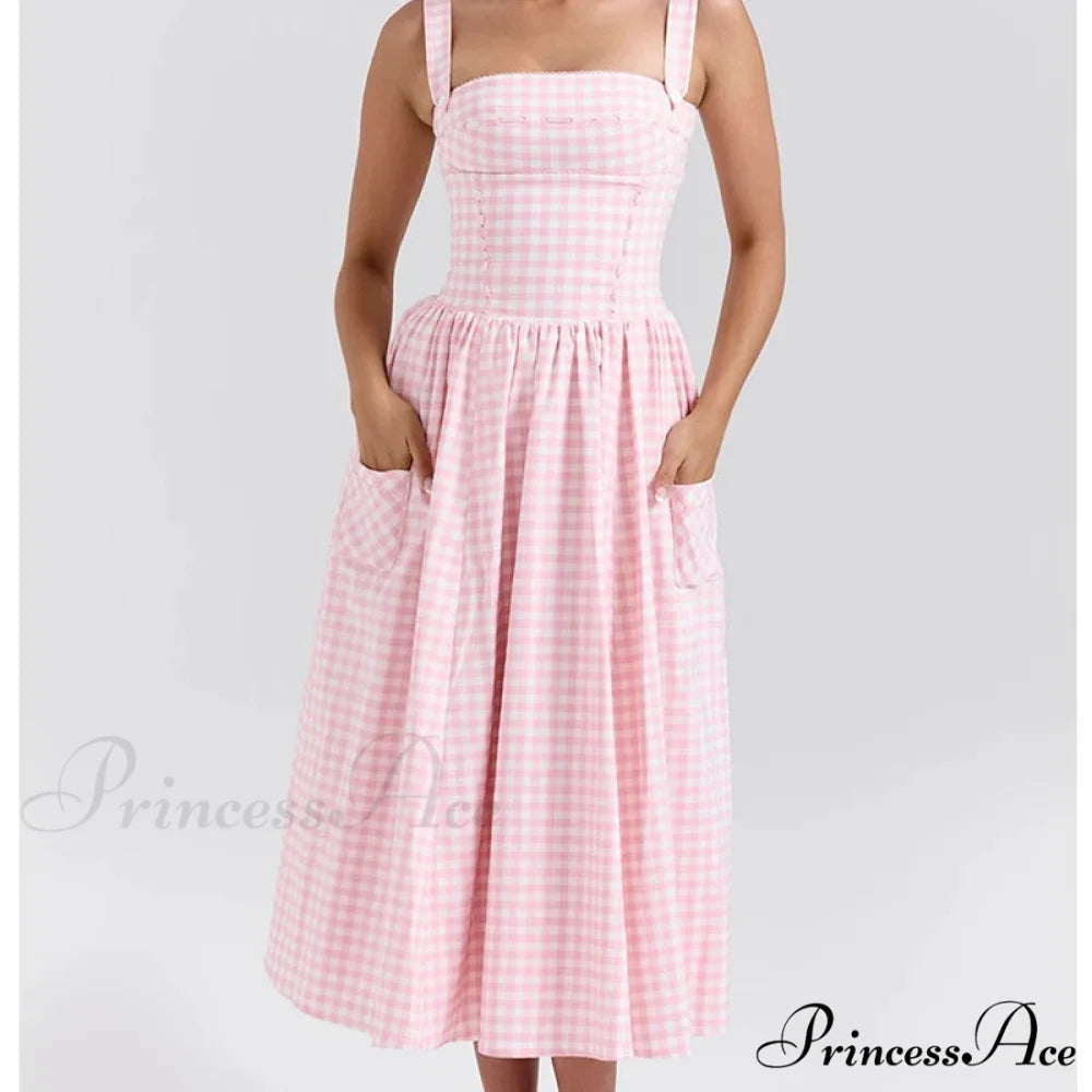 Attractive Sleeveless Tartan Fit and Flare Maxi Dress Pink / S