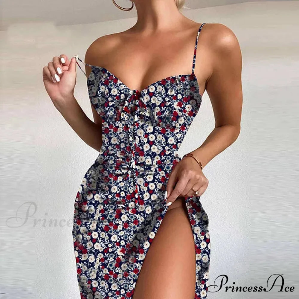 Attractive Spaghetti Strap Slit Floral Beach Party Dress blue. / S floraldress-250126