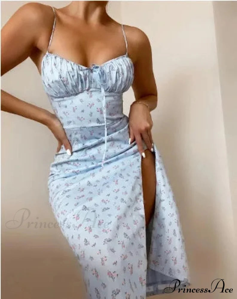 Attractive Spaghetti Strap Slit Floral Beach Party Dress Blue floral / S floraldress-250126