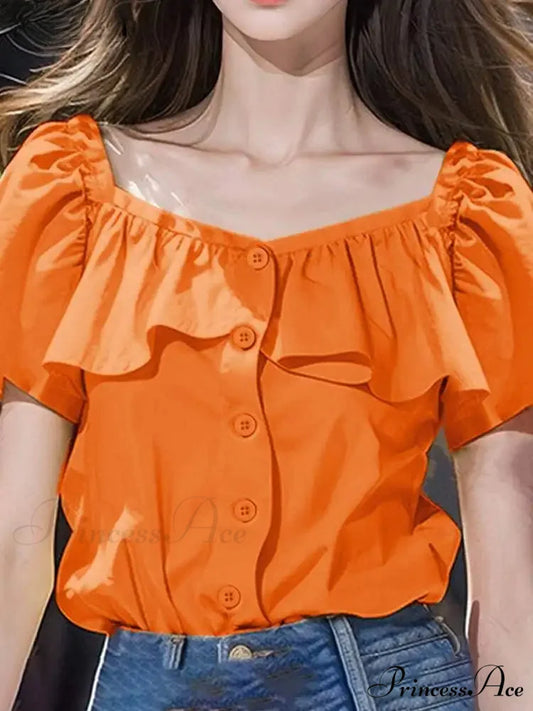Attractive Square Neckline Short Sleeve Informal Blouse Orange / S blouse-250126