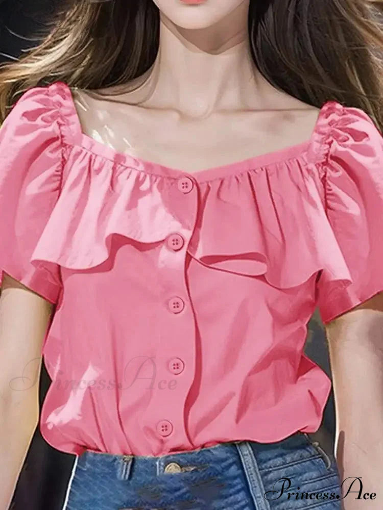 Attractive Square Neckline Short Sleeve Informal Blouse Pink / S blouse-250126
