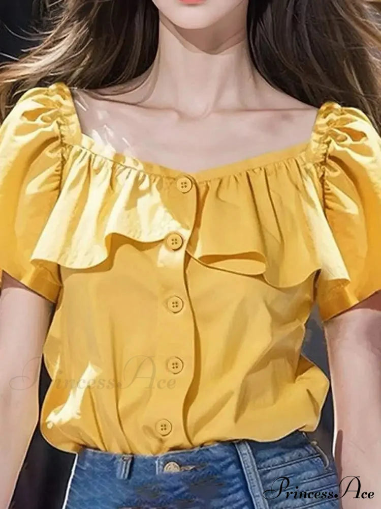 Attractive Square Neckline Short Sleeve Informal Blouse Yellow / S blouse-250126