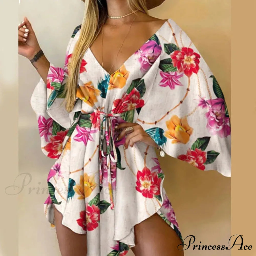 Attractive V-neck Bat Sleeve Bohemian Floral Beach Sundress Fuchsia / S oldfloraldress-250126