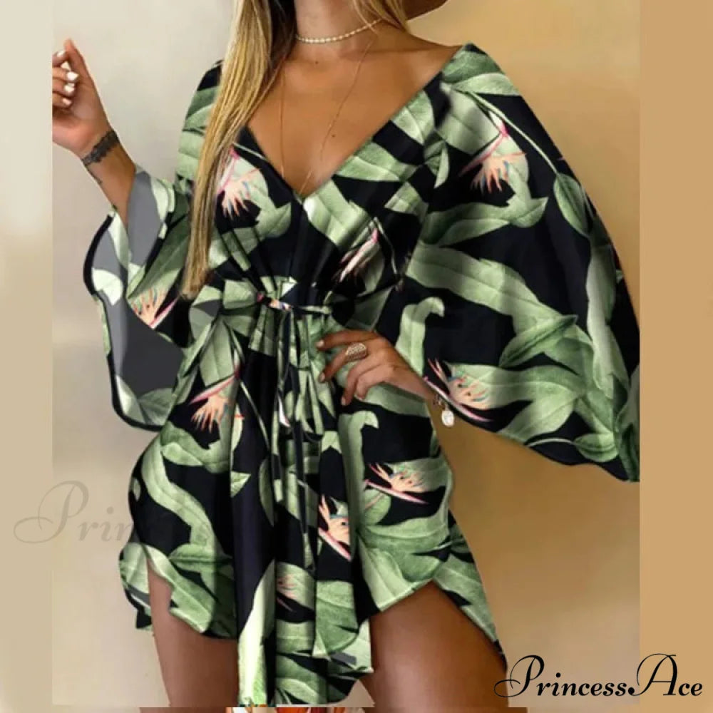 Attractive V-neck Bat Sleeve Bohemian Floral Beach Sundress Green / S oldfloraldress-250126