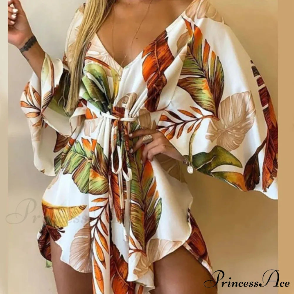 Attractive V-neck Bat Sleeve Bohemian Floral Beach Sundress Light Green / S oldfloraldress-250126